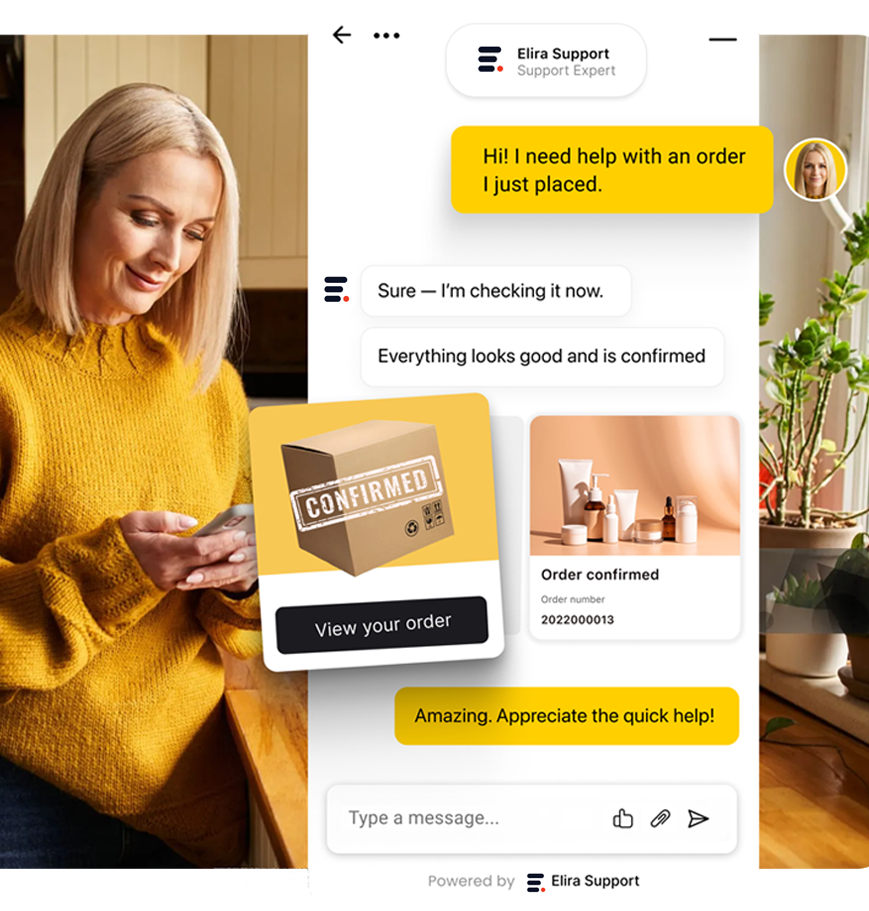 Elira Support live chat helping a website visitor